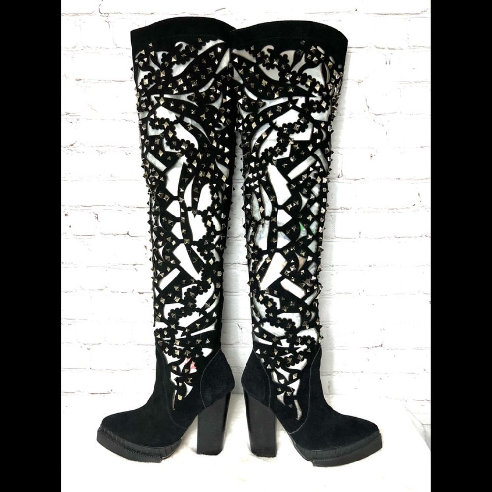 🚫SOLD! NWOT•JEFFREY CAMPBELL•INCREDIBLE Basilica Studded Suede Sheer Over The - Picture 6 of 16